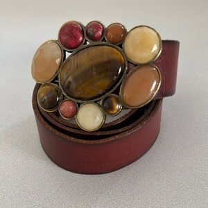 Fossil Red and Brown Leather Belt with Gemstone Buckle
